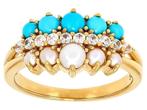 Sleeping Beauty Turquoise With Cultured Seed Pearl, & White Zircon 18k Yellow Gold Over Silver Ring