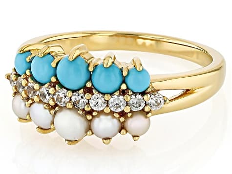Sleeping Beauty Turquoise With Cultured Seed Pearl, & White Zircon 18k Yellow Gold Over Silver Ring