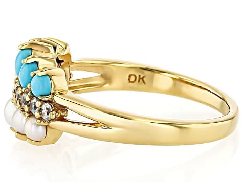 Sleeping Beauty Turquoise With Cultured Seed Pearl, & White Zircon 18k Yellow Gold Over Silver Ring