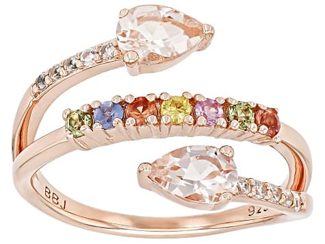Morganite With Multi Color Sapphire And White Zircon 18k Rose Gold Over Sterling Silver Ring