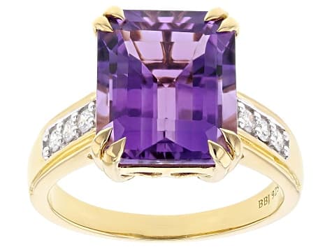 Canela Amethyst With White Prazana® Lab-Grown Diamonds 18k Yellow Gold Over Silver Ring 4.81ctw
