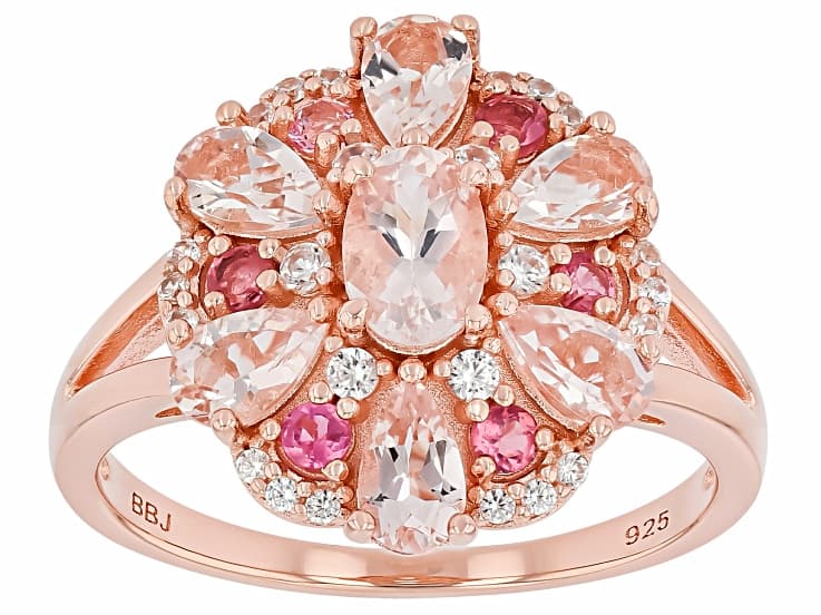 Morganite With Pink Tourmaline and White Zircon 18k Rose Gold Over Sterling Silver Ring 1.65ctw