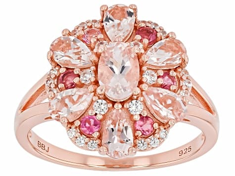 Morganite With Pink Tourmaline and White Zircon 18k Rose Gold Over Sterling Silver Ring 1.65ctw