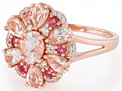 Morganite With Pink Tourmaline and White Zircon 18k Rose Gold Over Sterling Silver Ring 1.65ctw