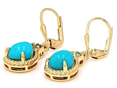 Sleeping Beauty Turquoise With Swiss Blue Topaz 18k Yellow Gold Over Silver Earrings 0.08ctw
