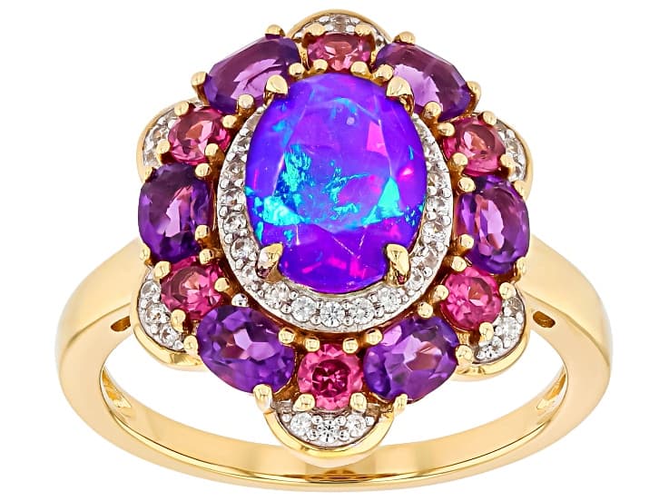 Purple Ethiopian Opal With Multi Gemstones 18k Yellow Gold Over Sterling Silver Ring 2.55ctw