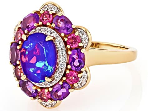 Purple Ethiopian Opal With Multi Gemstones 18k Yellow Gold Over Sterling Silver Ring 2.55ctw