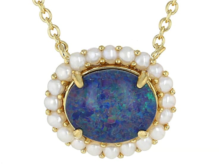 Blue Australian Opal Triplet 18k Yellow Gold Over Silver Necklace