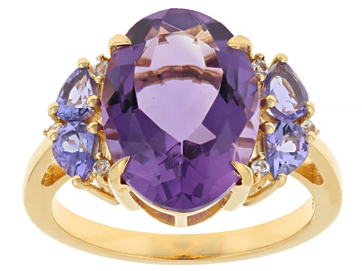 Canela Amethyst With Tanzanite And White Zircon 18k Yellow Gold Over Sterling Silver Ring 5.16ctw