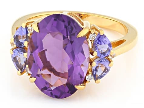 Canela Amethyst With Tanzanite And White Zircon 18k Yellow Gold Over Sterling Silver Ring 5.16ctw