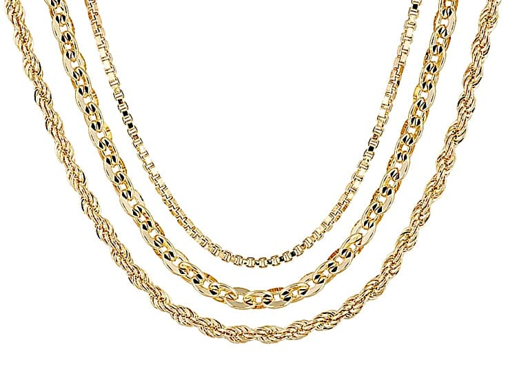 18k Yellow Gold Over Bronze Box, Rope, Cable Link Chain Set Of 3 18, 20, 24 inch