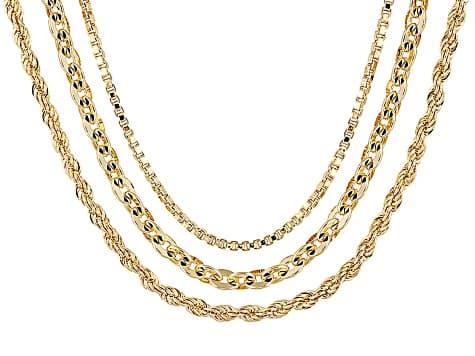 18k Yellow Gold Over Bronze Box, Rope, Cable Link Chain Set Of 3 18, 20, 24 inch