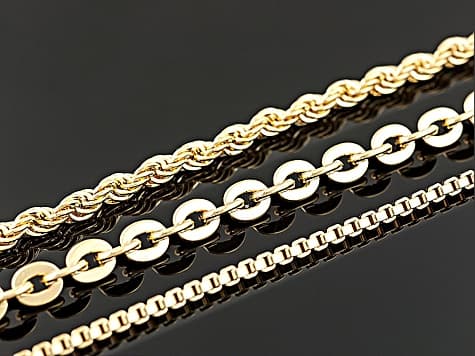 18k Yellow Gold Over Bronze Box, Rope, Cable Link Chain Set Of 3 18, 20, 24 inch