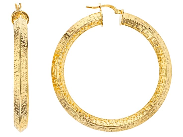 18k Yellow Gold Over Bronze Greek Key Tube Hoop Earrings