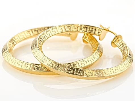 18k Yellow Gold Over Bronze Greek Key Tube Hoop Earrings