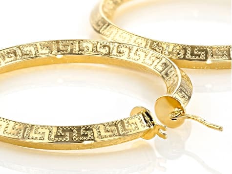 18k Yellow Gold Over Bronze Greek Key Tube Hoop Earrings