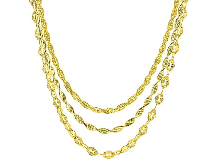 18k Yellow Gold Over Bronze Herringbone Mirror Rope Link Chain Set Of 3
