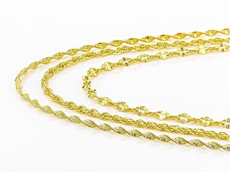 18k Yellow Gold Over Bronze Herringbone Mirror Rope Link Chain Set Of 3