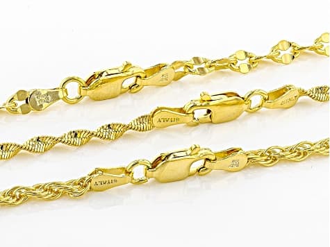 18k Yellow Gold Over Bronze Herringbone Mirror Rope Link Chain Set Of 3