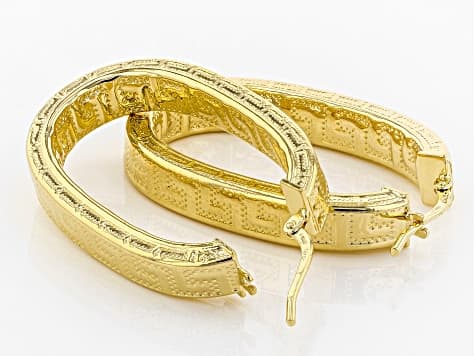 18k Yellow Gold Over Bronze Oval Greek Key Hoop Earrings
