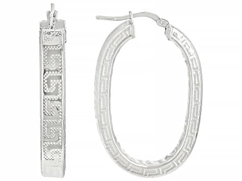 Platinum Over Bronze Oval Greek Key Hoop Earrings