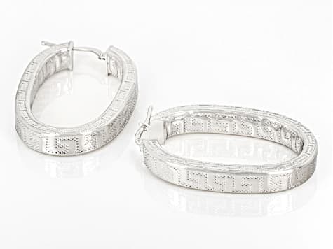 Platinum Over Bronze Oval Greek Key Hoop Earrings