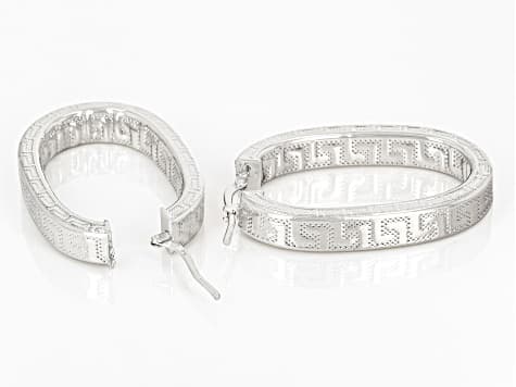 Platinum Over Bronze Oval Greek Key Hoop Earrings