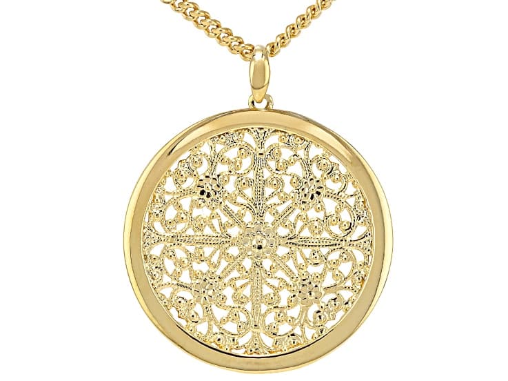 18k Yellow Gold Over Bronze Filigree Medallion 25" Necklace