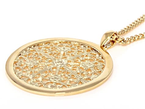 18k Yellow Gold Over Bronze Filigree Medallion 25" Necklace