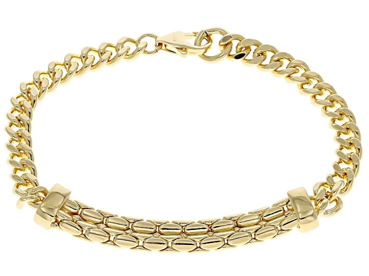 18k Yellow Gold Over Bronze Curb and Cardano Mixed Link Bracelet