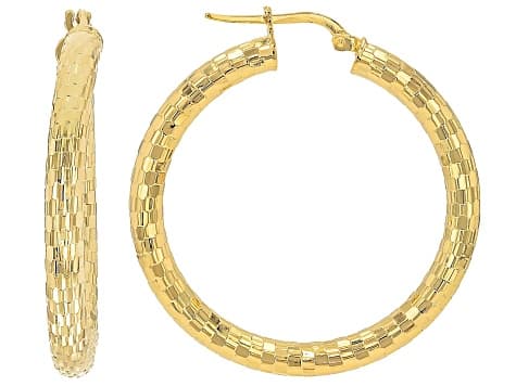 18k Yellow Gold Over Bronze Mirror Faceted Hoop Earrings