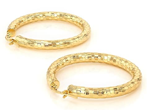 18k Yellow Gold Over Bronze Mirror Faceted Hoop Earrings