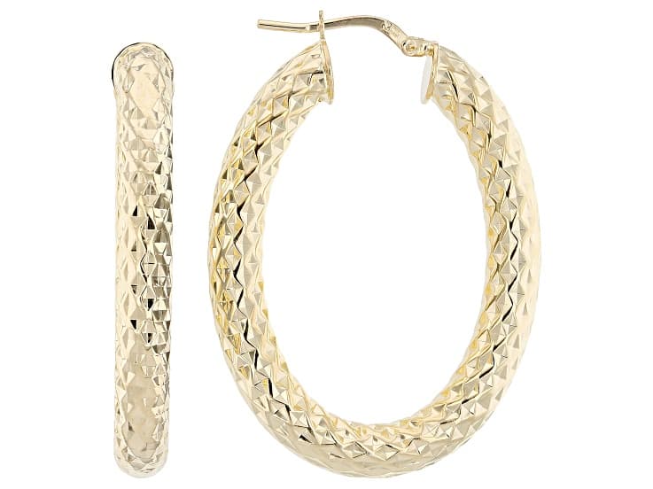 18k Yellow Gold Over Bronze Diamond Cut Oval Hoop Earrings