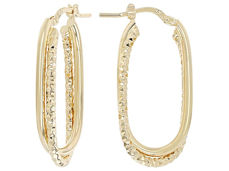 18K Yellow Gold Over Bronze Polished & Diamond Cut Intertwined Oval Hoop Earrings