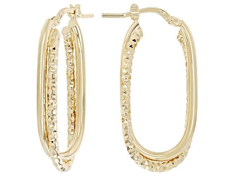 18K Yellow Gold Over Bronze Polished & Diamond Cut Intertwined Oval Hoop Earrings