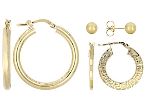 18K Yellow Gold Over Bronze Ball Stud, Greek Key & Polished Hoops Earring Set of 3