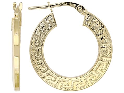 18K Yellow Gold Over Bronze Ball Stud, Greek Key & Polished Hoops Earring Set of 3