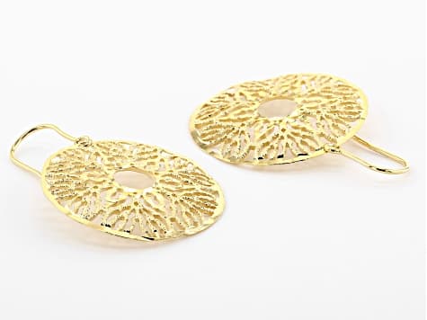 18K Yellow Gold Over Bronze Filigree Disc Dangle Earrings