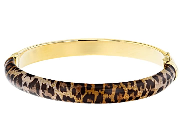 18K Yellow Gold Over Bronze Leopard Enamel Oval Bangle Bracelet