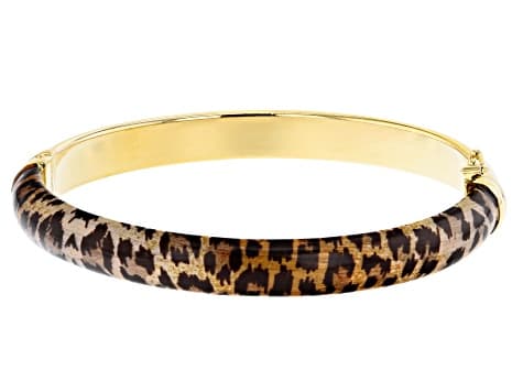 18K Yellow Gold Over Bronze Leopard Enamel Oval Bangle Bracelet