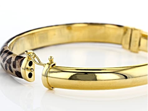 18K Yellow Gold Over Bronze Leopard Enamel Oval Bangle Bracelet