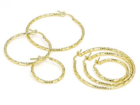 18k Yellow Gold Over Bronze Twisted Hoop Earrings Set of 3
