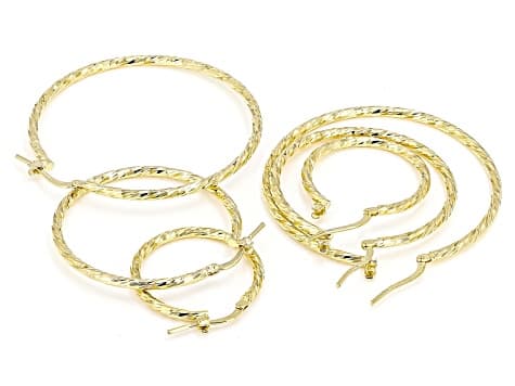18k Yellow Gold Over Bronze Twisted Hoop Earrings Set of 3