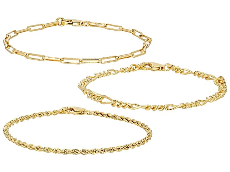 18k Yellow Gold Over Bronze Rope, Paperclip, & Figaro Link Bracelet Set of 3