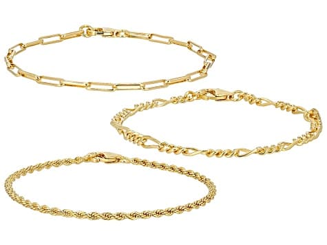 18k Yellow Gold Over Bronze Rope, Paperclip, & Figaro Link Bracelet Set of 3