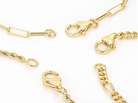 18k Yellow Gold Over Bronze Rope, Paperclip, & Figaro Link Bracelet Set of 3
