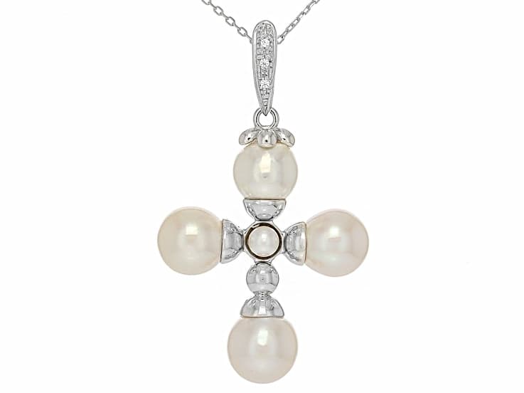 White Cultured Akoya Pearl With White Sapphire Rhodium Over Sterling Silver Enhancer