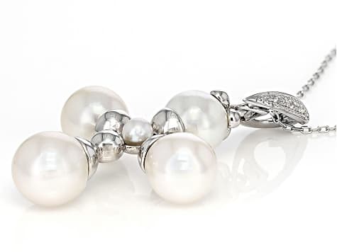 White Cultured Akoya Pearl With White Sapphire Rhodium Over Sterling Silver Enhancer