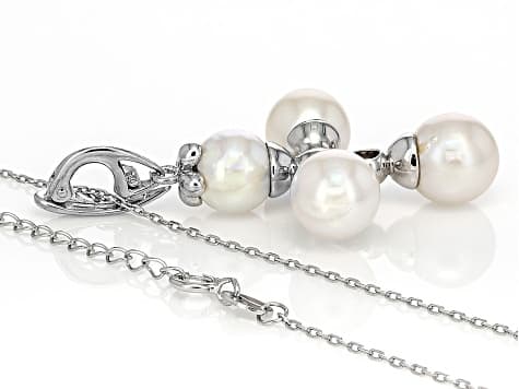 White Cultured Akoya Pearl With White Sapphire Rhodium Over Sterling Silver Enhancer