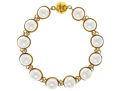 White Cultured Freshwater Pearl 18k Yellow Gold Over Stainless Steel Bracelet